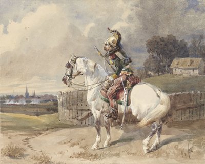 Französischer Dragoner auf einem weißen Pferd, nach links gewandt, im Profil von Théodore Fort (signed by artist)