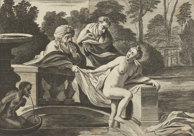 Susanna, teilweise nackt und aus einem Brunnen tretend, mit zwei Ältesten links, einer o..., ca. 1656-60 von Théodorus van Kessel