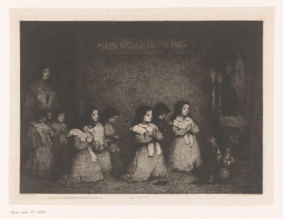Gruppe von Mädchen im Gebet vor einer Marienstatue von Théodule Augustin Ribot