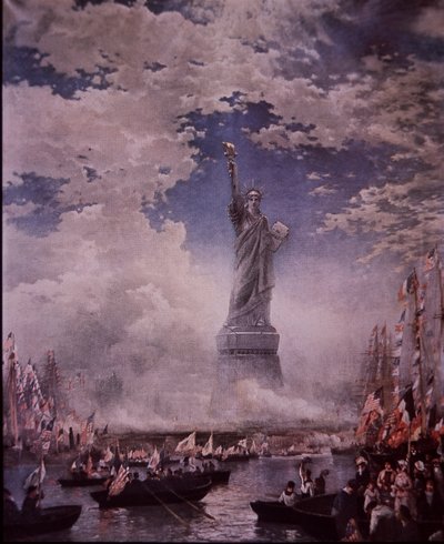 Enthüllung der Freiheitsstatue im New Yorker Hafen, 28. Oktober 1886 (Farblithografie) von Thomas (after) Moran