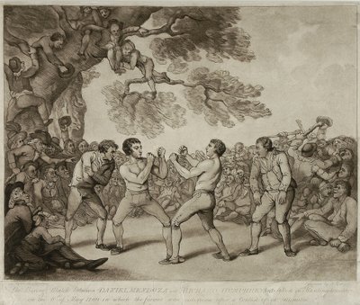 Der Boxkampf zwischen Daniel Mendoza und Richard Humphreys in Stilton, Huntingdonshire, 6. Mai 1789, graviert von Joseph Grozer von Thomas (after) Rowlandson