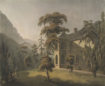 Diese Ansicht im Tal von Llangollen, Plas Newydd mit dem Bibliotheksfenster mit Blick auf den Garten von Thomas (after) Walmsley