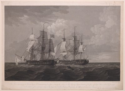 Diese Platte zeigt die französische Fregatte La Proserpine mit 40 Kanonen, die ihre Farben vor der Fregatte Seiner Majestät Dryad mit 36 Kanonen vor Cape Clear am 13. Juni 1796 streicht... gewidmet Kapitän... Lord Amelius Beauclerk... von Thomas (after) Whitcombe