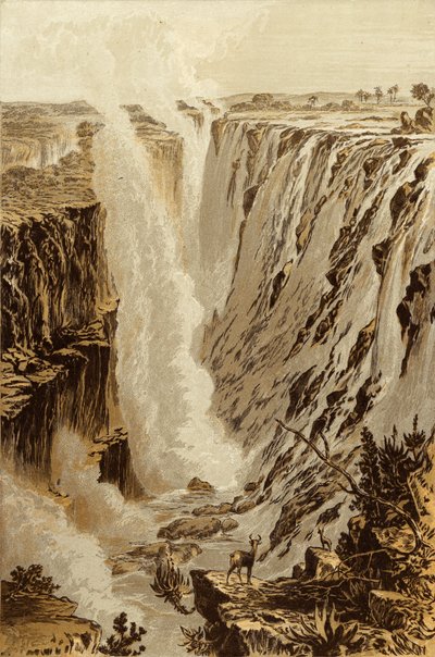 Die Victoriafälle, Sambesi, vom östlichen Ende der Schlucht (Chromolithografie) von Thomas Baines