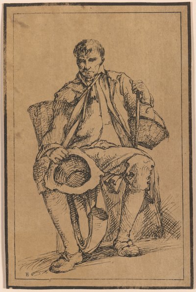 Vierzig lithografische Eindrücke von Landschaftszeichnungen von Thomas Barker, ausgewählt aus seinen Studien rustikaler Figuren nach der Natur: [Sitzender Mann mit Körben, der Hut und Spazierstock hält] von Thomas Barker