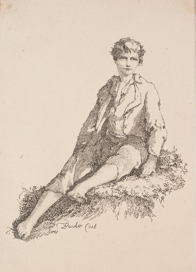 Beispiele der Polyautographie: Junge sitzt auf einer grasbewachsenen Bank von Thomas Barker