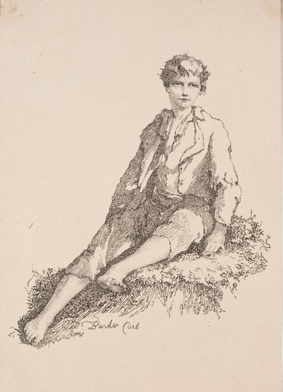 Beispiele der Polyautographie: Junge sitzt auf einem grasbewachsenen Ufer, 1803 von Thomas Barker