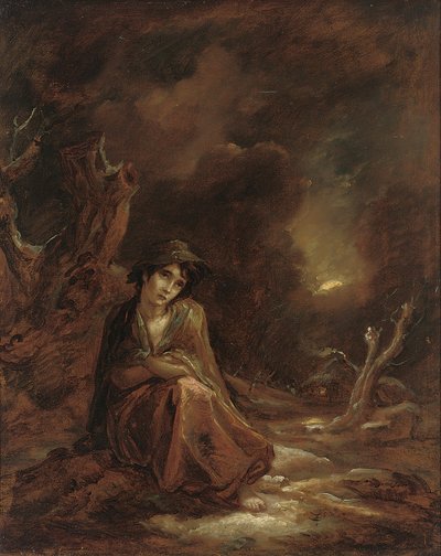 Szenen aus William Cowpers „The Task“: eine mondbeschienene Winterlandschaft mit Crazy Kate, die auf einem Weg ruht, 1785 von Thomas Barker of Bath