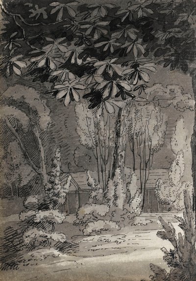 Ein Blick durch Bäume auf ein einstöckiges Gebäude (verso) von Thomas Baxter