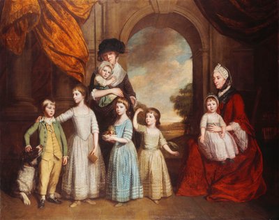 Gruppenporträt der Craven-Kinder, in voller Länge, vor einem Bogen mit einer Landschaft im Hintergrund, 1776 von Thomas Beach