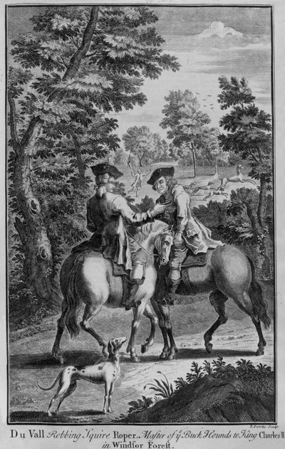 Claude Duval beraubt Squire Roper, den Meister der Buckhounds von König Charles II., im Windsor Forest von Thomas Bowles