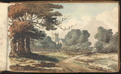 Album mit Landschafts- und Figurenstudien: Ländliche Szene mit Kirche von Thomas Bradshaw
