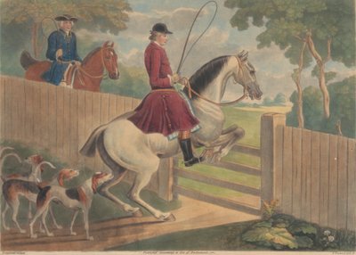 Jagd [zwei von zwölf]: 7. [Ein Reiter setzt sein Pferd über ein Tor] von Thomas Burford