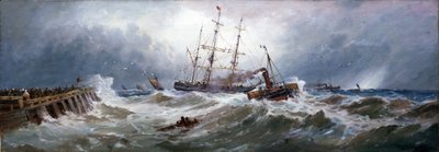 Ein französisches Schlepperboot zieht ein Boot im Hafen von Boulogne (Frankreich), bei schwierigen Seeverhältnissen von Thomas Bush Hardy