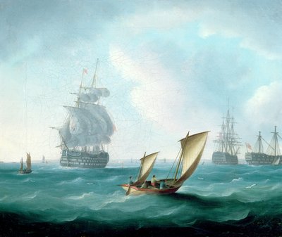 Britische Kriegsschiffe und ein Hulk in einer Dünung, ein Segelboot im Vordergrund von Thomas Buttersworth