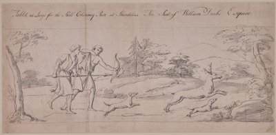 Zwei Figuren in klassischer Kleidung jagen einen Hirsch von Thomas Carter