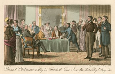 Bernard Blackmantle, liest seine Farce im Green Room des Theatre Royal, Drury Lane, London von Thomas Charles Wageman