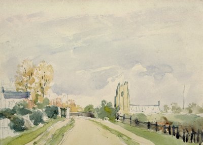 Landschaft in Suffolk, eine breite Straße mit einem kleinen Haus, einer Kirche und Bäumen von Thomas Churchyard