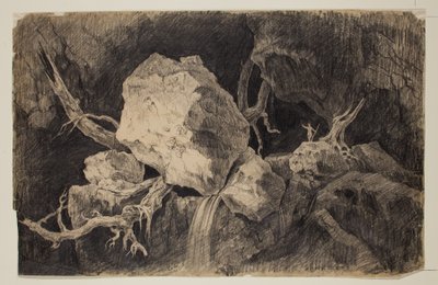 Jäger steht in einer Höhle nahe einem Felsen und Wasserfall von Thomas Cole