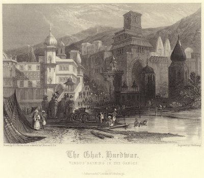 Das Ghat in Hurdwar mit Hindus, die im Ganges baden von Thomas Colman Dibdin