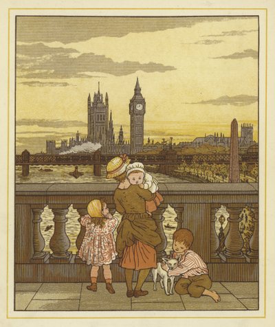 Eine Frau steht mit einem Baby, zwei Kindern und einem Hund von Thomas Crane