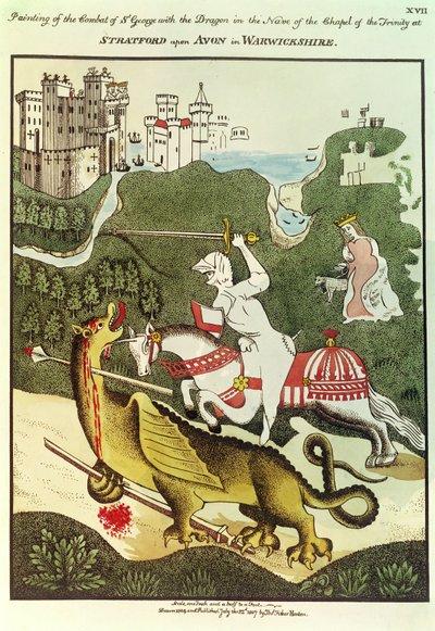 St. Georg und der Drache, nach einem Originalgemälde in der Kapelle der Dreifaltigkeit in Stratford Upon Avon, Warwickshire, 1804 von Thomas Fisher Hoxton