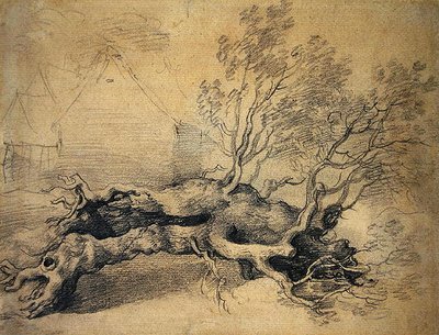 Ein umgestürzter Baum mit Bauerngebäuden dahinter von Thomas Gainsborough
