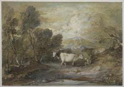 Ein Hirte mit drei Kühen an einem Hochlandteich von Thomas Gainsborough