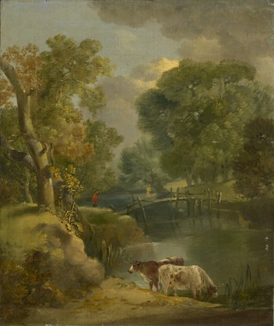 Flusslandschaft mit zwei Kühen und einer Figur auf einer Brücke, 18. Jahrhundert von Thomas Gainsborough