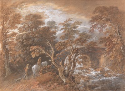 Hügellandschaft mit Figuren, die sich einer Brücke nähern von Thomas Gainsborough