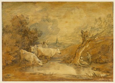 Landschaft mit Figuren, einem Hirten und Rindern an einem Teich sowie einer Kirche in der Ferne von Thomas Gainsborough