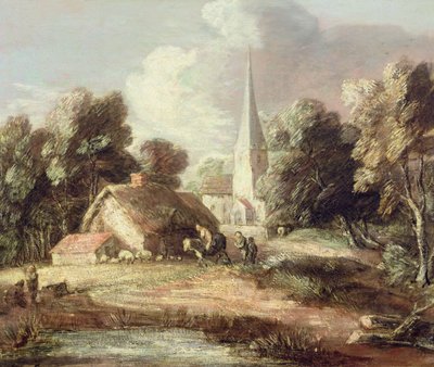 Landschaft mit Kirche, Hütte, Dorfbewohnern und Tieren von Thomas Gainsborough