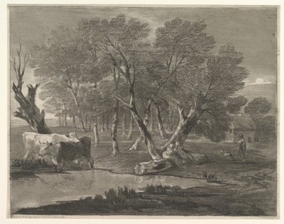 Waldlandschaft mit Kühen an einem Teich, Figuren und Hütte, 1775-80 von Thomas Gainsborough
