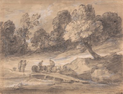 Bewaldete Landschaft mit Figuren zu Pferd, die eine Brücke überqueren von Thomas Gainsborough