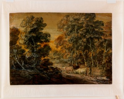 Bewaldete Landschaft mit Hirten und Vieh, um 1770 (Schwarz- und Weißkreide, lackiert) von Thomas Gainsborough