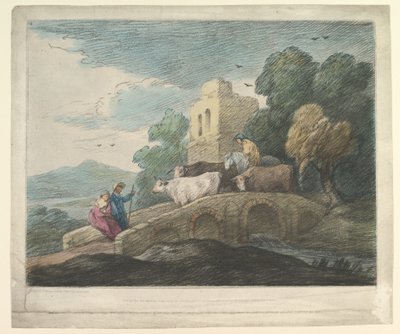 Waldlandschaft mit Hirten, die Vieh über eine Brücke treiben, rustikale Liebhaber und Ruine eines Schlosses von Thomas Gainsborough