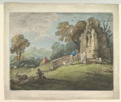 Waldlandschaft mit Bauer, der einen Grabstein liest, rustikale Liebende und verfallene Kirche, 1. August 1797 von Thomas Gainsborough