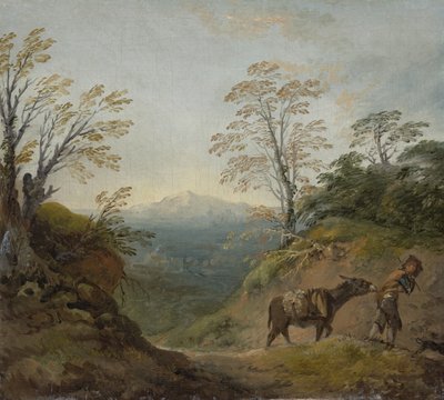 Waldlandschaft mit einem Jungen, der einen Esel und einen Hund führt, und einem weiten Panorama mit Gebäuden und fernen Hügeln, frühe 1760er Jahre von Thomas Gainsborough