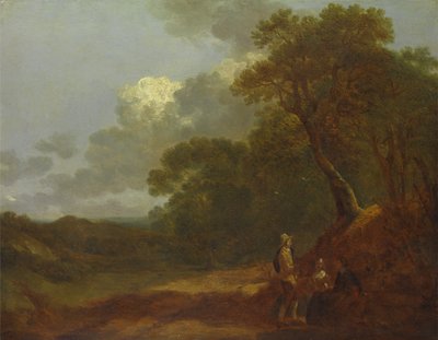 Bewaldete Landschaft mit einem Mann, der mit zwei sitzenden Frauen spricht von Thomas Gainsborough