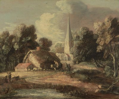 Landschaft mit Hütte und Kirche von Thomas Gainsborough RA