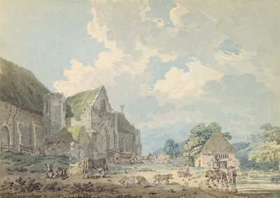 Die Zehntscheune in Abbotsbury mit der Abtei auf dem Hügel, ca. 1795 von Thomas Girtin