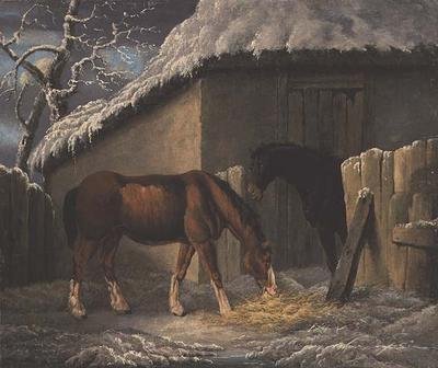 Eine Winterlandschaft mit zwei Pferden, die vor einem Stall fressen (datiert 1804) von Thomas Hand