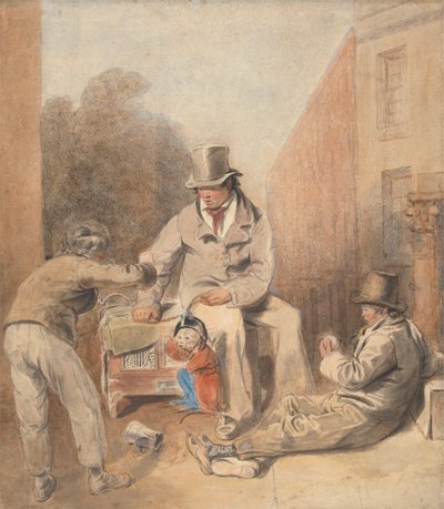 Mann und Kinder mit einem Leierkasten und einem Affen von Thomas Heaphy
