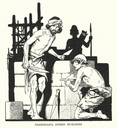 Nehemias bewaffnete Bauleute von Thomas Heath Robinson