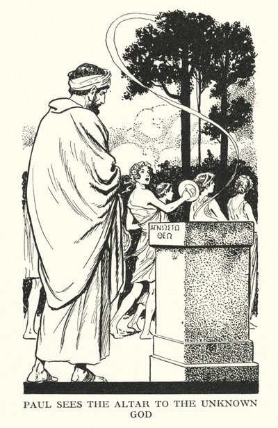 Paulus sieht den Altar für den unbekannten Gott von Thomas Heath Robinson