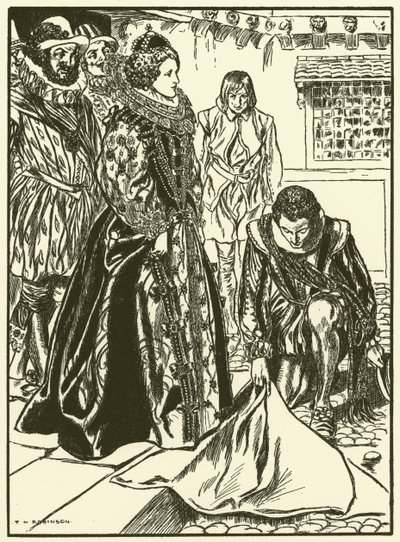 Raleigh breitet seinen Mantel vor Elizabeth aus (Gravur) von Thomas Heath Robinson