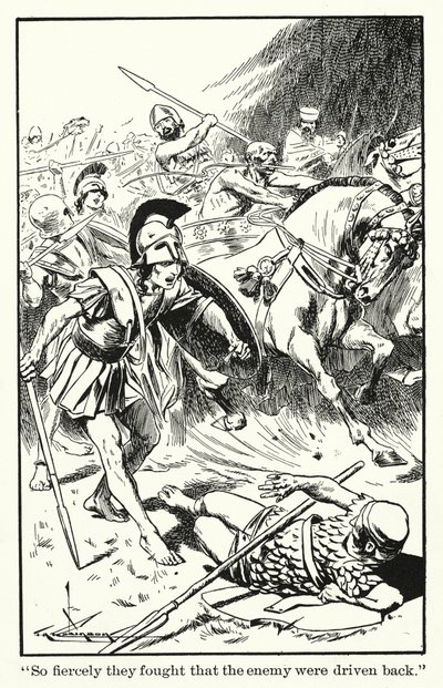 "So heftig kämpften sie, dass der Feind zurückgedrängt wurde" von Thomas Heath Robinson