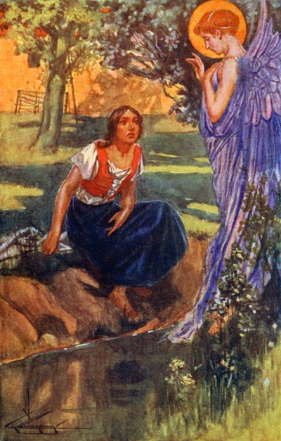 Als sie es dreimal gehört hatte, wusste sie, dass es die Stimme eines Engels war von Thomas Heath Robinson