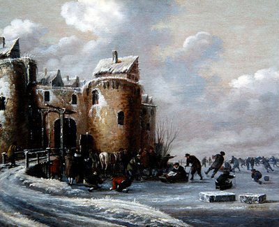 Eine Winterlandschaft mit Schlittschuhläufern bei einem befestigten Torhaus von Thomas Heeremans