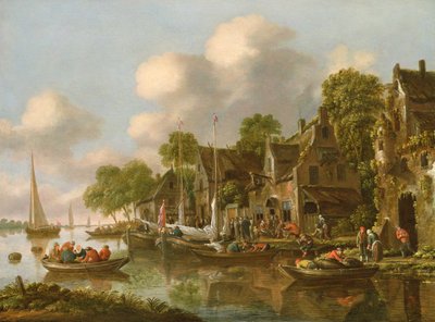 Flusslandschaft mit Booten und Figuren bei einer Taverne, 17. Jahrhundert von Thomas Heeremans